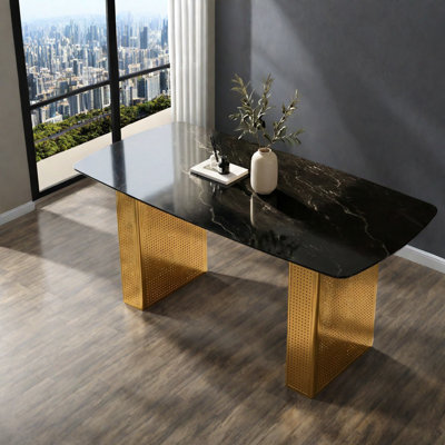 Black Marble-patterned Glass Dining Tables With Gold Legs, Modern Design For Home And Office