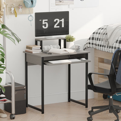 Modern Computer Desk with Monitor Stand & Keyboard Tray, Compact Workstation for Adults