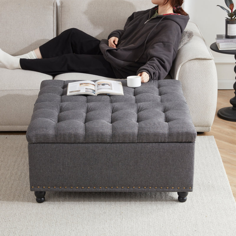  Repose-pieds carré avec rangement 35,5 po, Mélange de lin gris