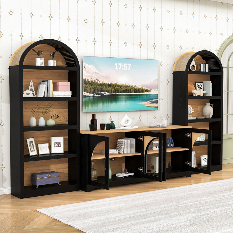 Ensemble de meuble télé 3 pièces avec portes en verre, bibliothèques arquées, rangement réglable et conception anti-basculement sécuritaire