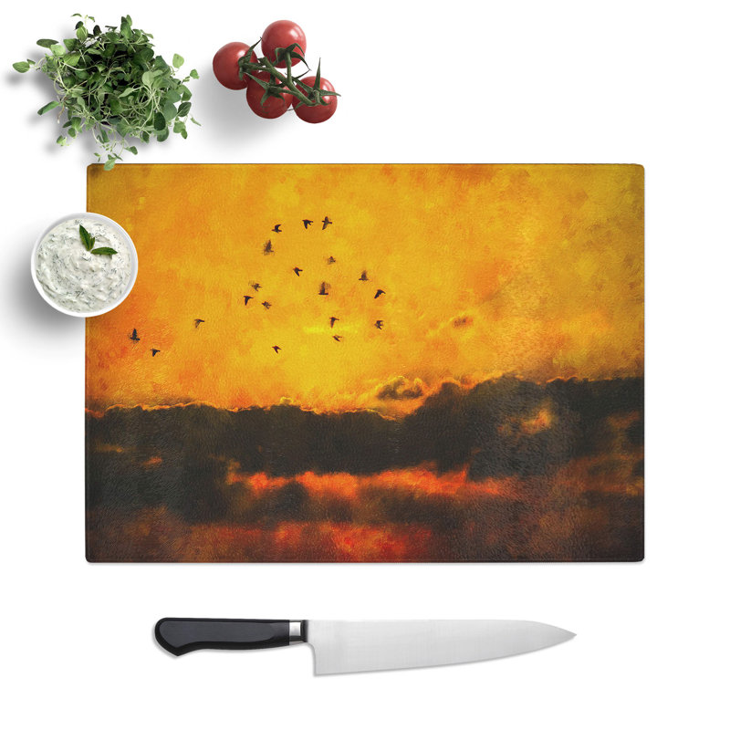 Birds and Orange Sunset Painting Chopping Board, 0.4cm H x 29cm W x 39cm L