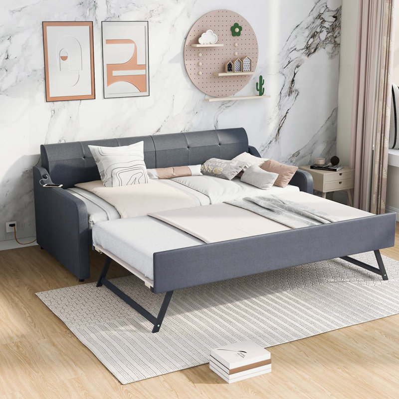 Versatile Upholstered Daybed with Pull - out Trundle and USB Charging, Ideal for Extra Sleeping and Relaxing at Home, Gray