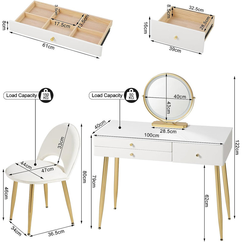 Etchemin Dressing Table with Mirror, White/Gold