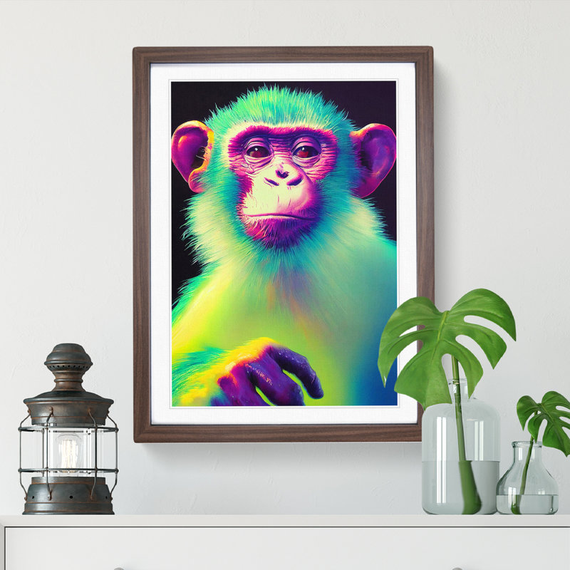 XV1022-2998X Neon Monkey No.1 - Single Picture Frame Print, 64cm H x 46cm W x 2cm D, Walnut