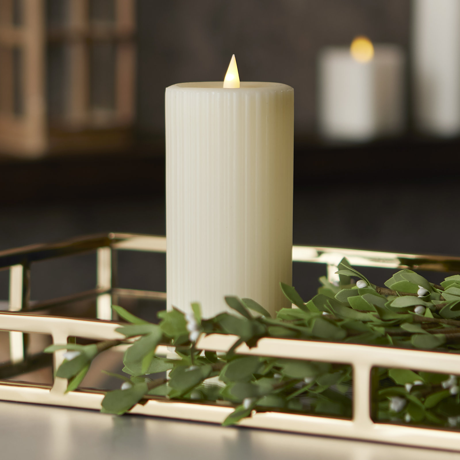 Ribbed Paraffin Wax Moving Flame Flameless Candle, Ivory