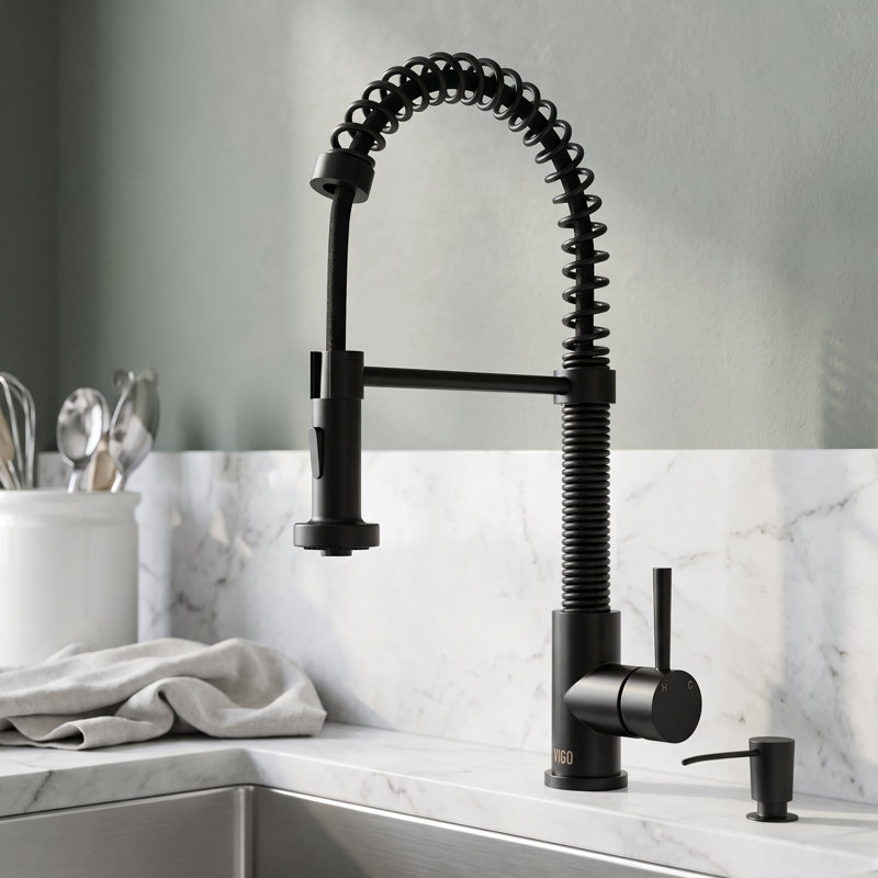 Robinet de cuisine de H 19 po avec pulvérisateur rétractable à deux fonctions Edison, Noir mat, Avec distributeur de savon