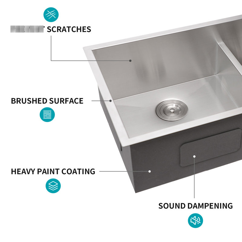 33 - Inch Undermount Double Bowl  60/40  Stainless Steel Kitchen Sink, 16 Gauge, 10" Deep Setup, Rear 3.5 Drain For Most Garbage Disposal Systems, X Designed Grooves Smooth Draining, Sound Proof