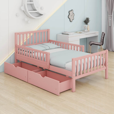 Kids Bed Frame With Fences And 2 Drawers,Wooden Platform Bed With Guardrails On Both Sides For Boys Girls