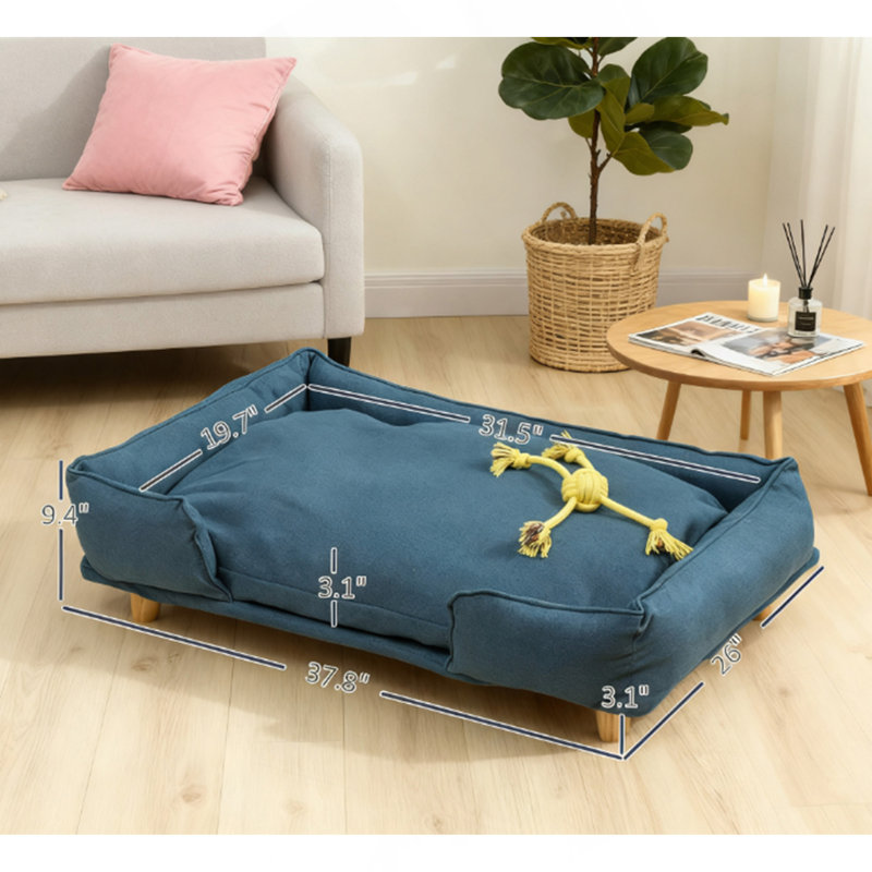 Canapé surélevé pour animal de compagnie avec coussin confortable, pieds en bois de pin, bleu foncé