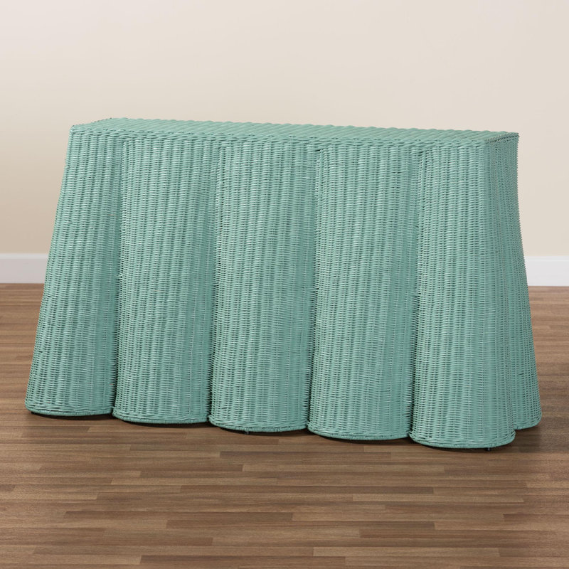 Brazley Bali & Pari Palm Bohemian Seafoam Scallop Rattan Console Table, Green