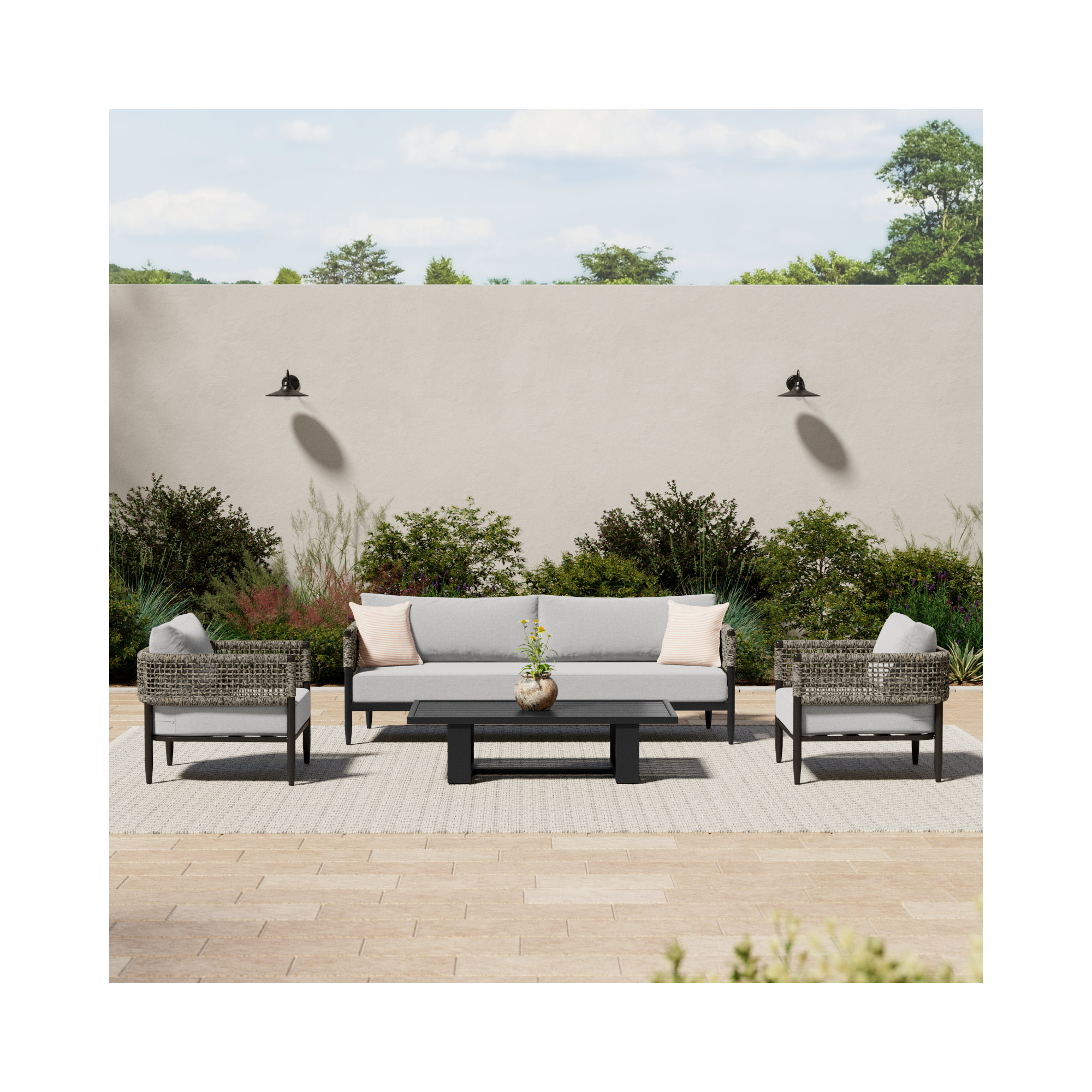 Chervonne 4 Piece Outdoor Conversation Set in Black Aluminum and Rope with Light Gray Fabric Cushions