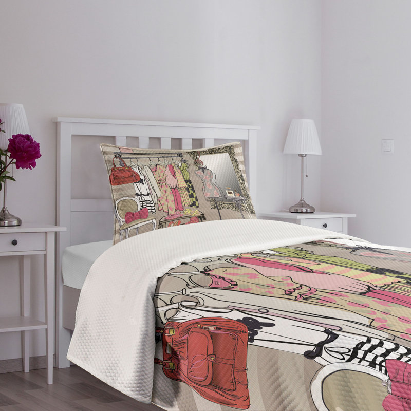 Ambesonne Heels and Dresses Bedspread Set Old Fashioned Multicolor, Twin Bedspread + 1 Standard Sham