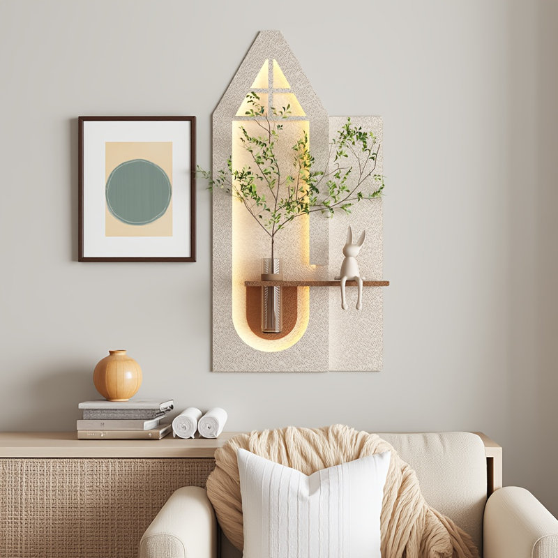 Décoration murale réglable en grès à 3 couleurs avec plantes simulées - sculpture d'art 3D, vase en verre et statue de lapin, télécommande pour salon, chambre à coucher, couloir