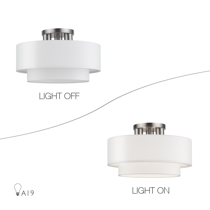 Grand semi-encastré 3 lumières or doux avec abat-jour en tissu blanc cassé fabriqué à la main, Nickel brossé