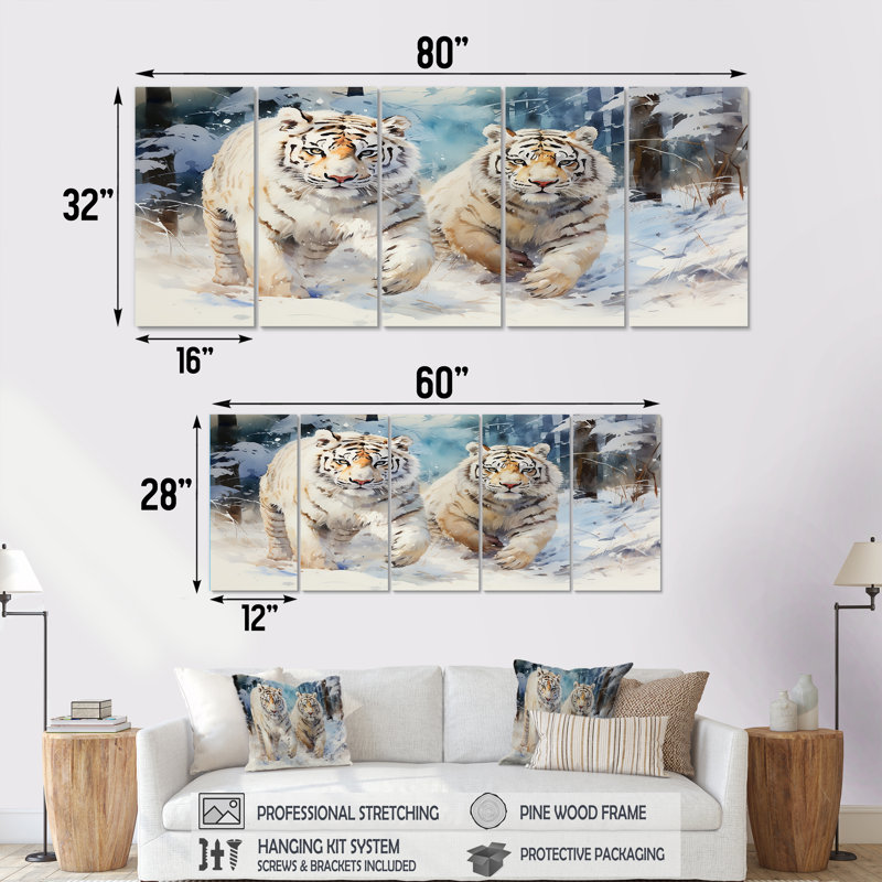 5 tigres blancs jouant dans la neige IV - Tigre, art mural 5 pièces, H 28 po x l 60 po