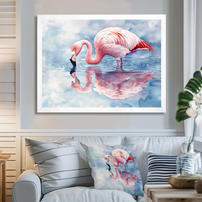 Flamingo Reflections By The Lake I - flamant rose, art mural