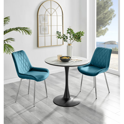 Ellis White Marble Effect Melamine Round Dining Table Set with 2 Luxury Velvet Dining Chairs