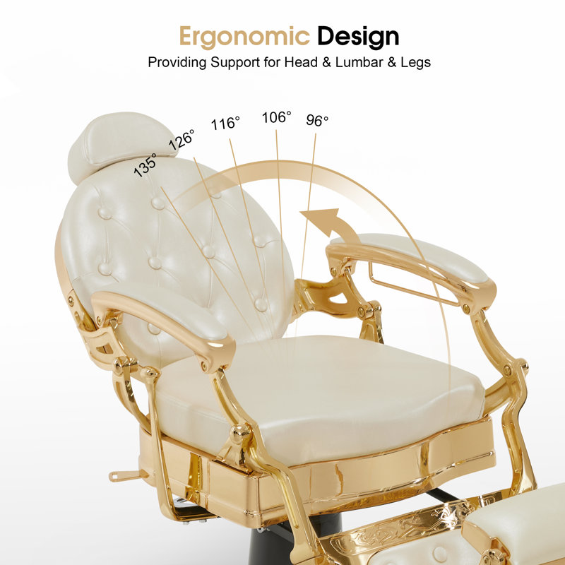 26" Wide Vintage Heavy Duty Barber Chair with Metal Frame, Swivel Salon Chair, Faux Leather, White, Gold