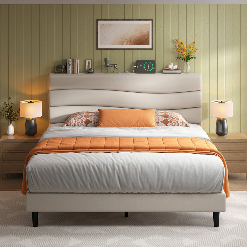 Upholstered Storage Bed with Charging Station, Beige, Full