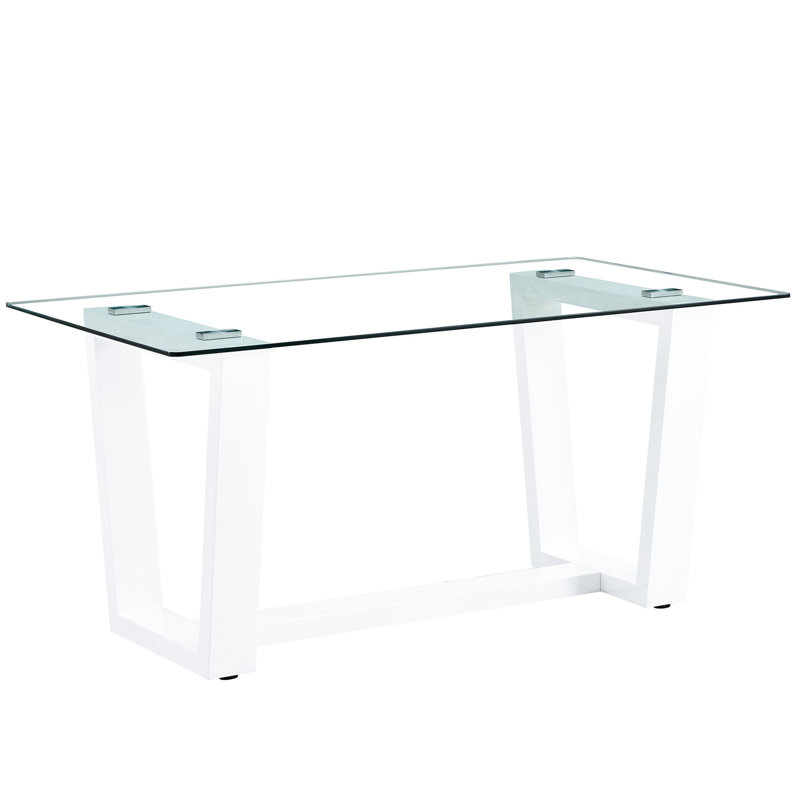 Superbe table de salle à manger en verre avec plateau trempé de 0,4 po et support blanc, rehaussant votre espace de support rectangulaire tendance pour un look chic
