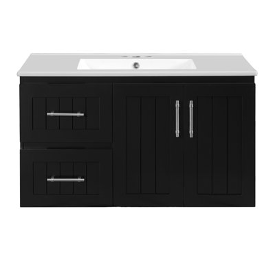 Meuble-lavabo mural 36 po, armoire de rangement flottante avec 2 tiroirs, lavabo simple en céramique 3 trous, armoire moderne avec tablette réglable