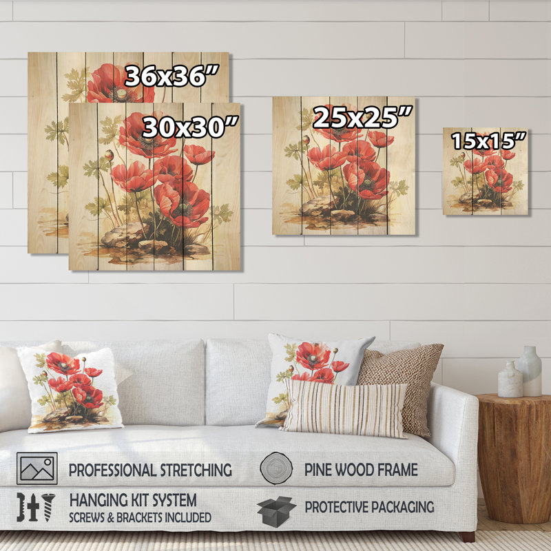 Red Serene Poppy Meadows II - Poppy On Wood Print, 15" H x 15" W