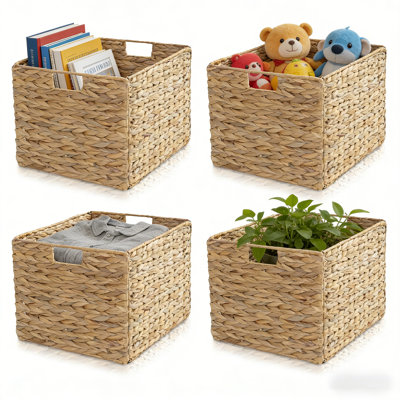 Handwoven Water Hyacinth Storage Basket Set of 4, Rectangular Woven Bins with Built-in Handles for Home Organization, Bathroom, Bedroom, Kitchen & Shelving