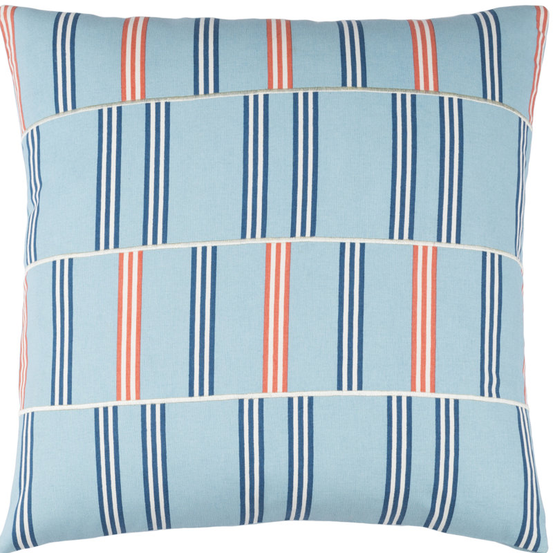 Coussin décoratif rayé carré, Petit, Bleu ciel / bleu foncé / blanc / orange, Mélange de duvet