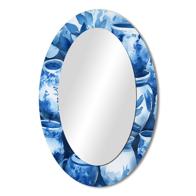 Blue And White Boho Pottery Coastal Artistry I - Large Oval Wall Mirror On Metal, 36" x 24"