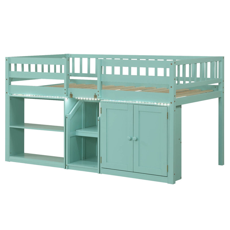 Lit mezzanine bas avec lumière DEL, escaliers et garde-corps, lit simple pour enfants en bois moderne vert menthe, Vert