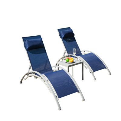 Blue Lawn Lounge Chairs - Adjustable Aluminum Outdoor Chaises With Side Table & Water-Repellent Fabric For Poolside, Deck Chaise  3  5 Positions, Quick-Drying And Metal