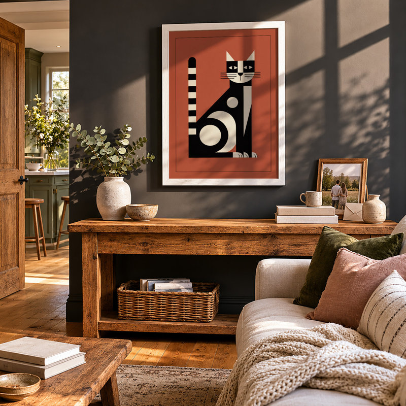 Geometric Cat Mid-Century - Framed Print, A2 - 59.4 x 42.0 cm, White