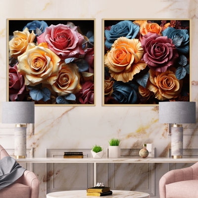 Multicolor Roses Come Alive With Brushwork - Floral Square Collage Set Of 2
