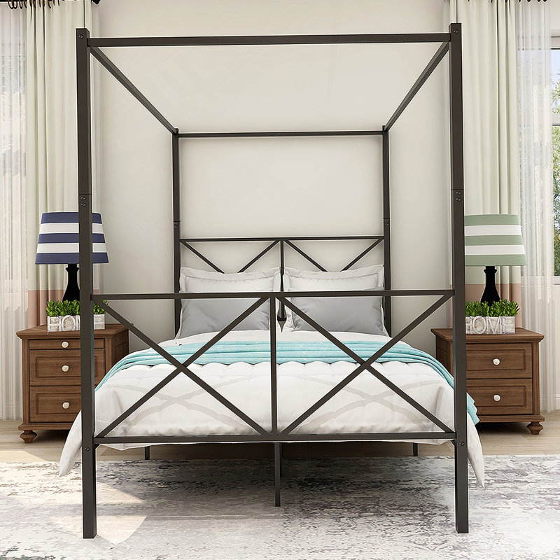 Metal Canopy Bed Frame, Platform Bed Frame  with X Shaped Frame