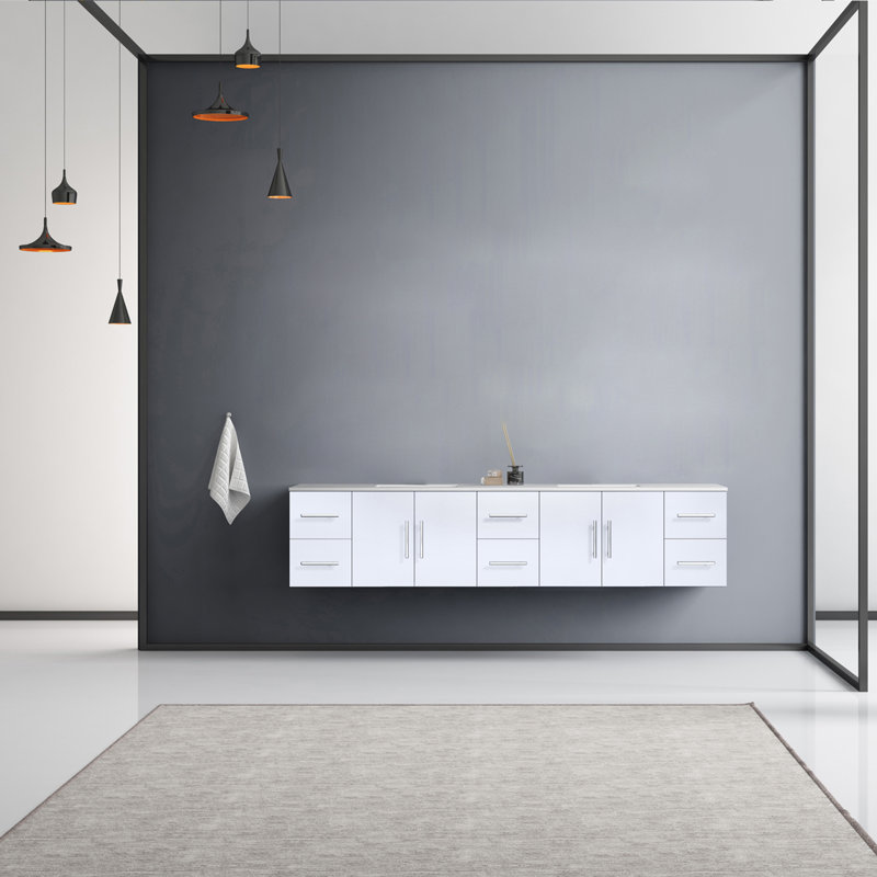 Ensemble de meuble-lavabo double mural 84 po Geneva, Gris foncé, Quartz blanc