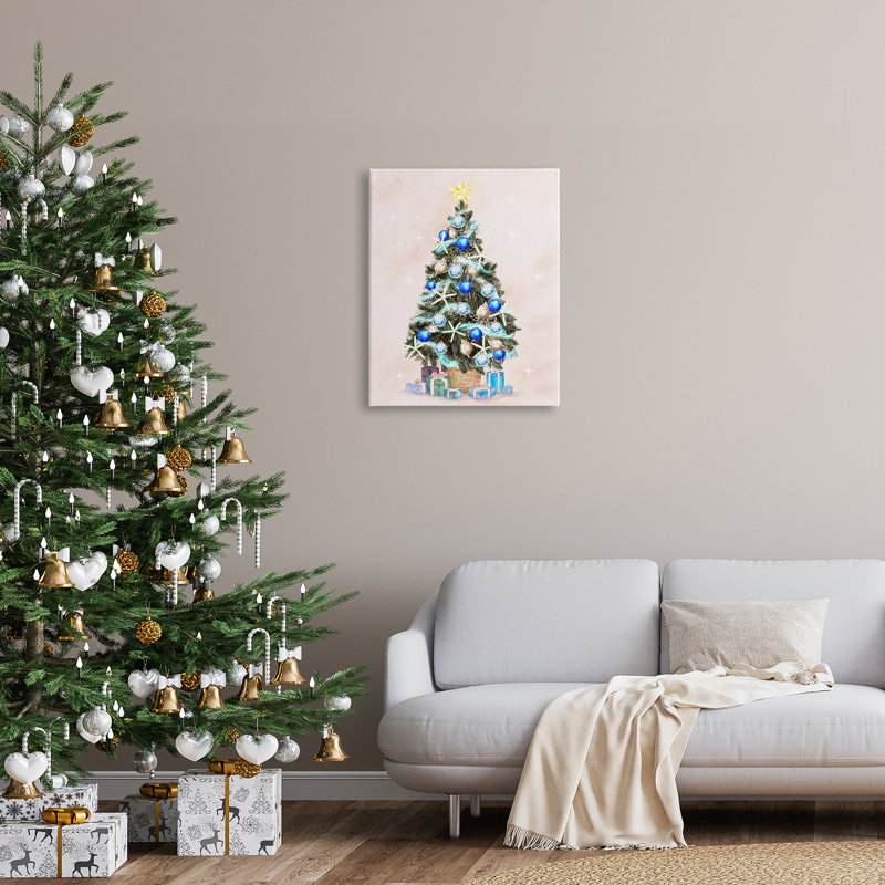 Ornements d'arbre de Noël bleus scintillants et cadeaux, art numérique sur estampe numérique par Ziwei Li, Toile tendue