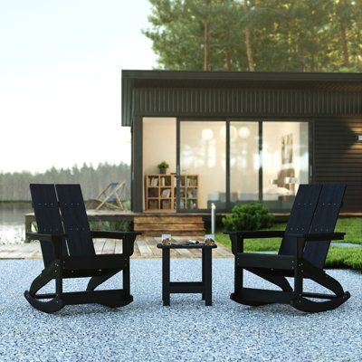 2 Modern Dual Slat Poly Resin Adirondack Rocking Chairs with Side Table