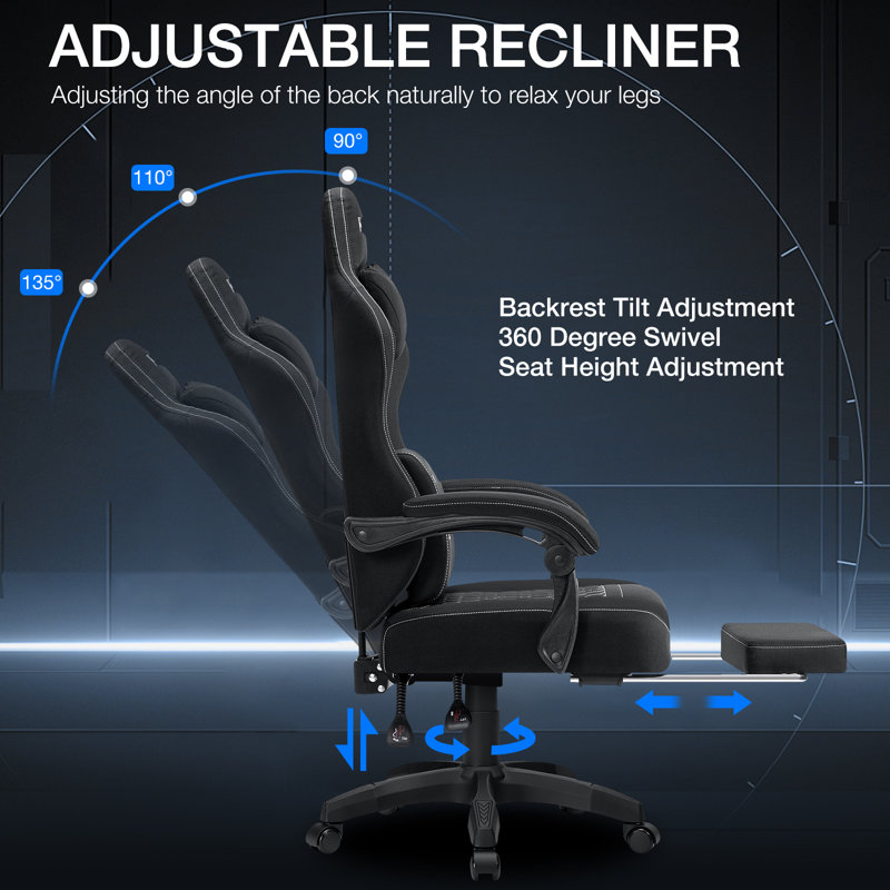 Reclining Ergonomic Fabric PC & Racing Game Chair with Vibration Lumbar Pillow, Black