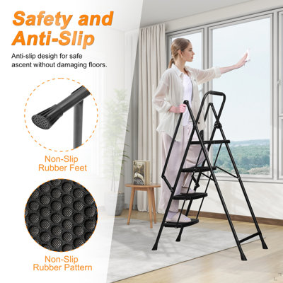 Four step ladder, lightweight folding four step stool, wide anti slip pedal and safety handle, sturdy steel ladder, multi-purpose step ladder, suitable for home, kitchen, and office elevators