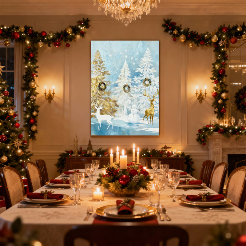 Ensemble de 3 reproductions d'art sur toile, "Winter Christmas Forest" avec cerf et bonhomme de neige, H 30 po x l 20 po