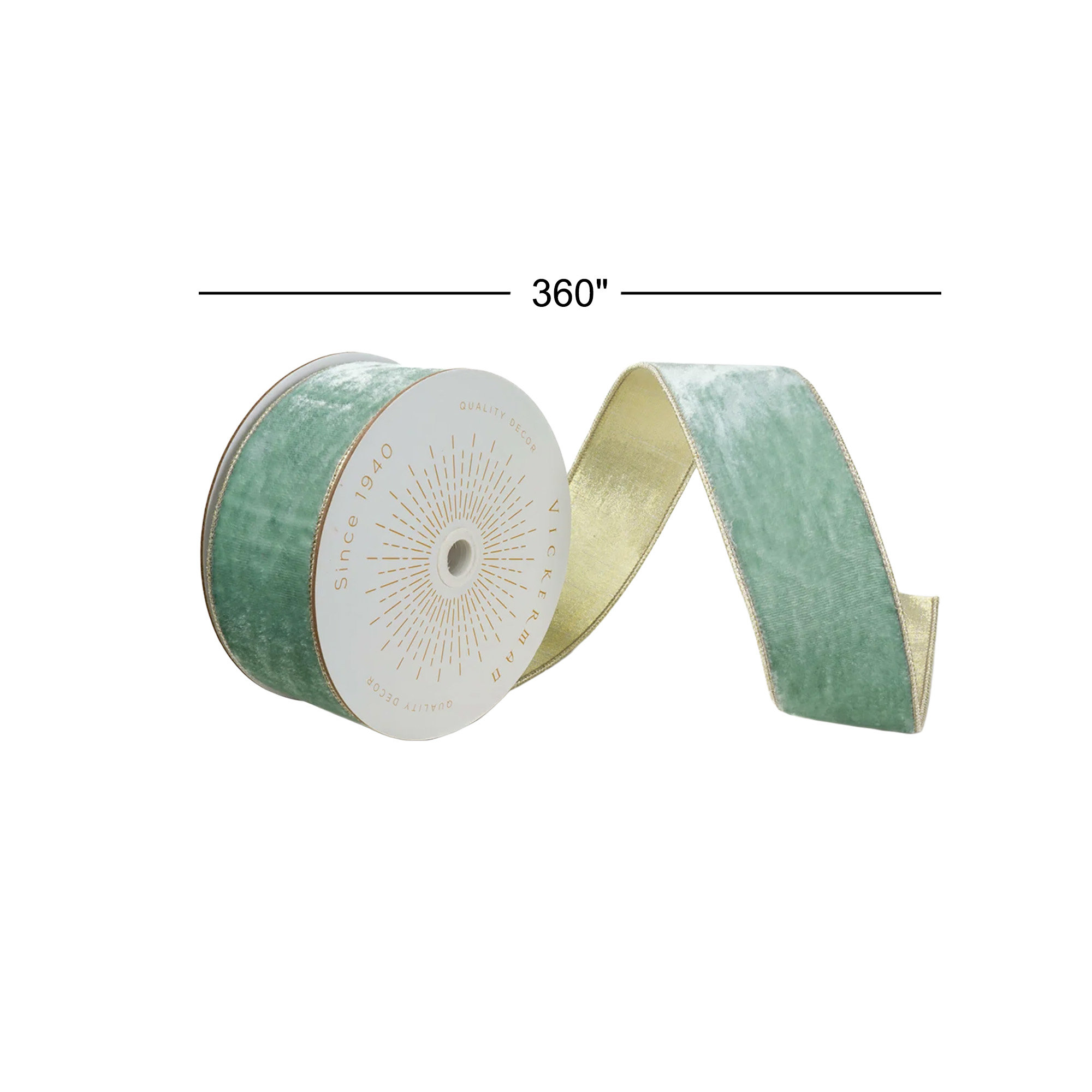 Vickerman 10 Yds Velvet with Gold Trim/Backing Ribbon., Light Blue, 0.2" H x 360" W x 2.5" D