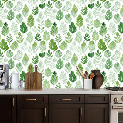 Peel and Stick Wallpaper Green Watercolor Leaf Repeating Botanical Motifs Fresh Minimal Nature Contact Paper Removable Self Adhesive Wall Mural Wall Decor for Bedroom Kitchen Cabinets 17.7in x 118in