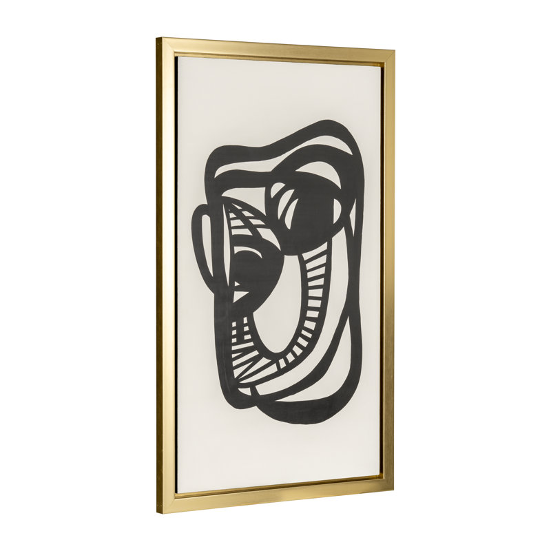 Modern Abstract Geo Face One Line Drawing Gold Frame, Black and White Wall Art