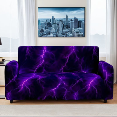 Housse de canapé extensible XL à motif éclair violet, en microfibre noire, 3 m de large, lavable à la machine