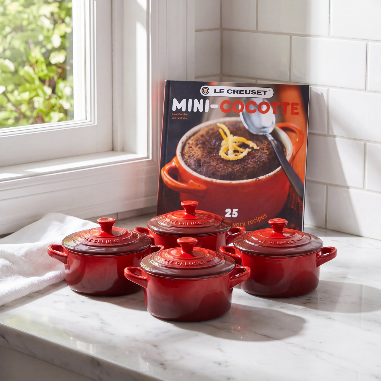 Stoneware Mini Cocotte Set with Cookbook, Cerise