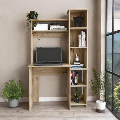 Beige-toned Particle Board Writing Desk with Open Hutch and Side Bookcase, Space-Saving L-Shape