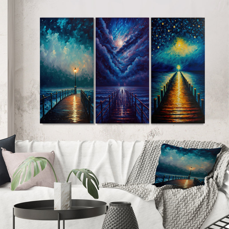 «Lumière au bout de la jetée pendant la nuit orageuse», 3 pièces sur toile, Toile tendue, H 32 po x l 48 po