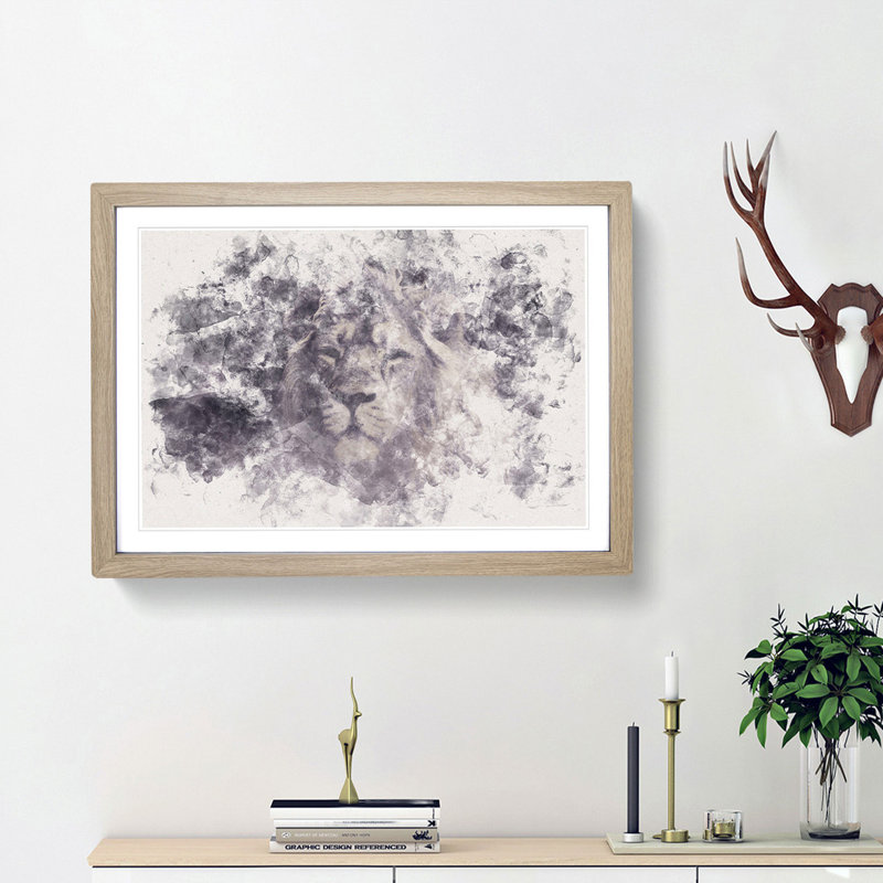 Lion in the Mist Watercolour - Picture Frame Graphic Art Print, 24cm H x 33cm W x 2cm D, Oak Framed
