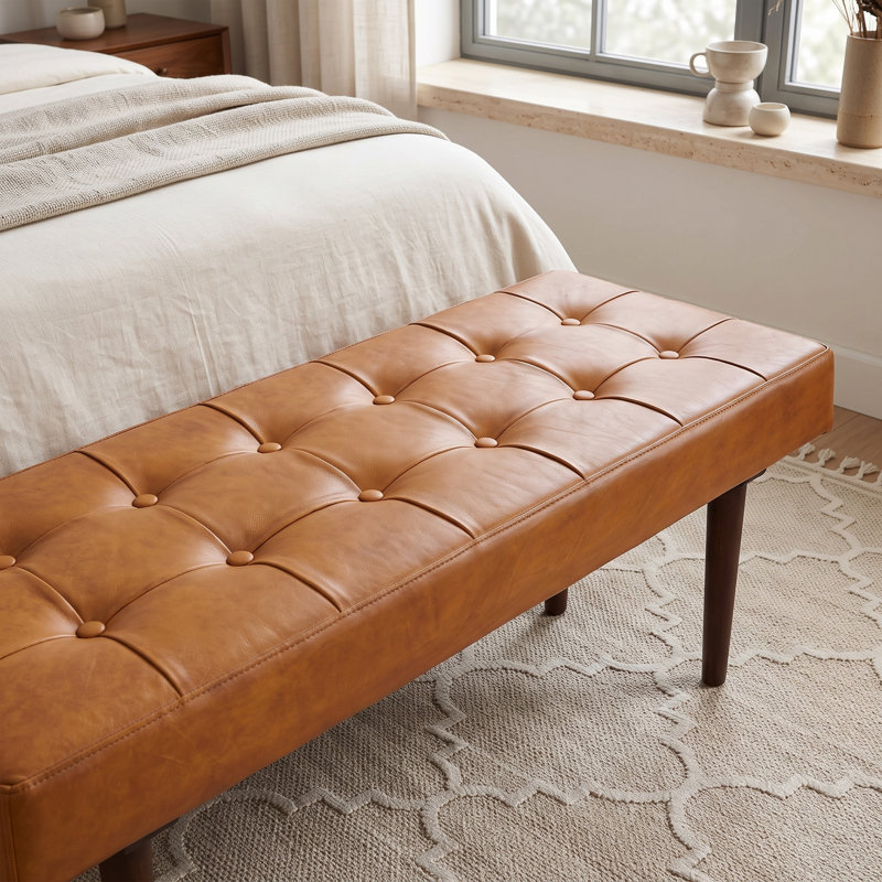 Ellar Genuine Leather Upholstered Bench, Tan