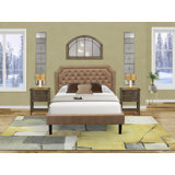 Granbury Bed - Brown Textured Upholstered Headboard, Footboard and Wood Rails, Slats - Wooden 9 Legs with Support Bed Frame - Black Finish